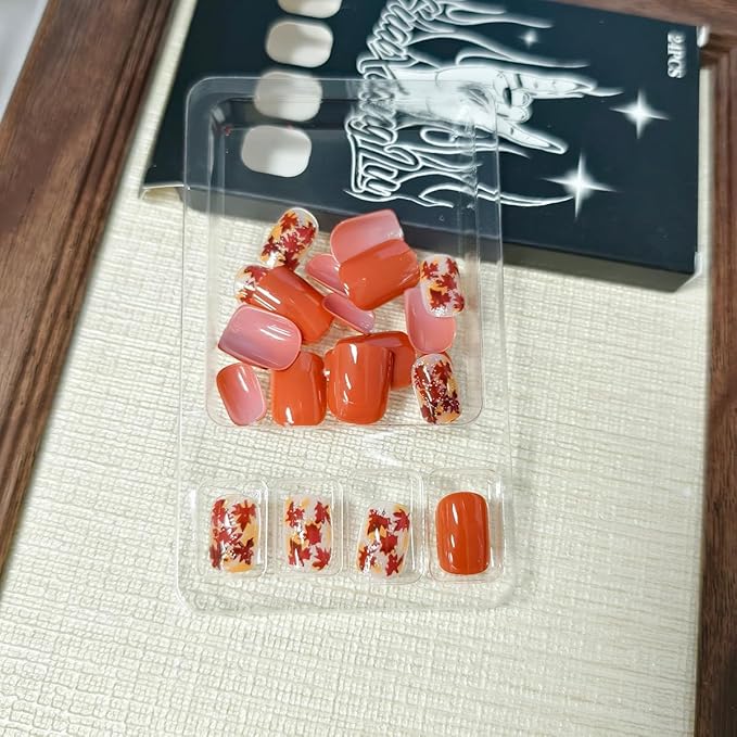 24Pcs Autumn Press on Nails Square Maple Leaf Fake Nails Short Fall Maple Leaves Nail Art Designs Full Cover Wine Red Glue on Nails Glossy Maple Leaf Acrylic Nails for Thanksgiving Day