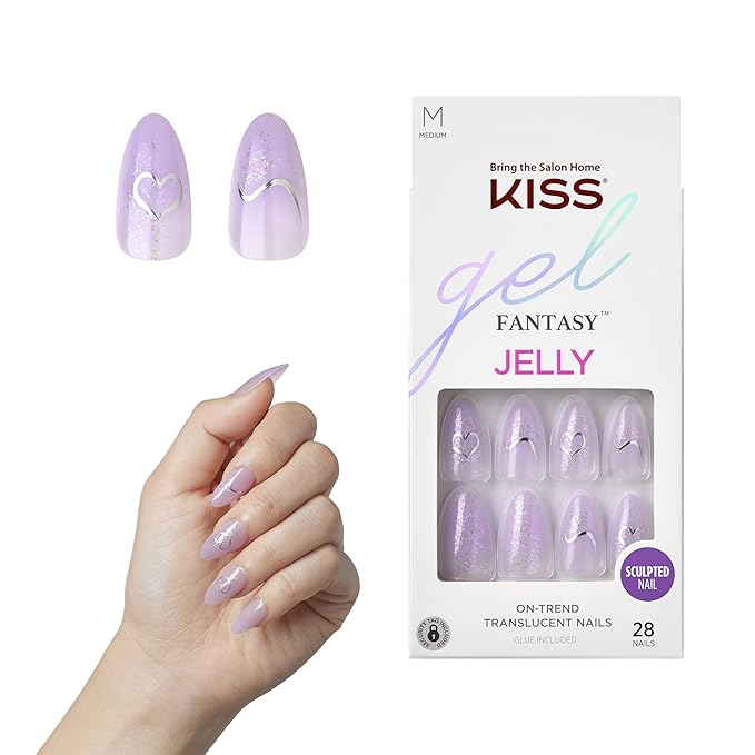 KISS Gel Fantasy, Press-On Nails, Nail glue included, 'One Day Jelly', Light Purple, Medium Size, Almond Shape, Includes 28 Nails, 2G Glue, 1 Manicure Stick, 1 Mini File