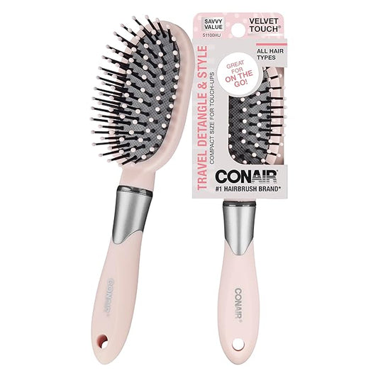 Conair Velvet Touch oval cushion hair brush - Travel Hairbrush- Detangling - curly or straight styles - detangler brushes - women or men - Blush Pink