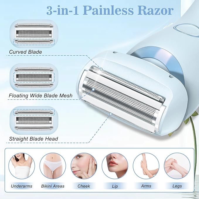Livora Electric Shaver for Women, 2 in 1 Wet & Dry Bikini Trimmer with 2 Removable Heads, The Glide Pro 3.0 Razor, Painless Hair Removal for Bikini, Legs, Underarms, Body (Blue)