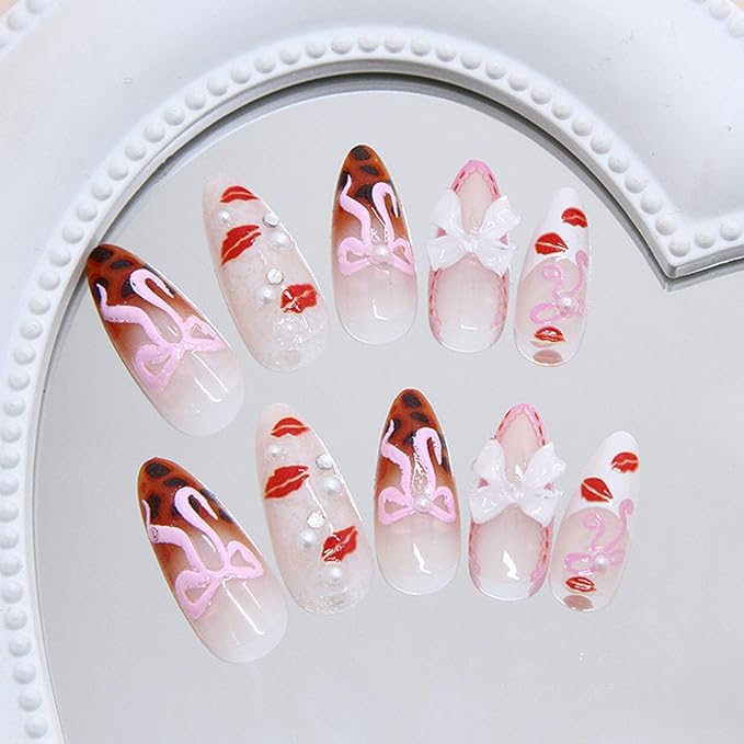 IMRAIN Medium Press on Nails Almond Fake Nails Leopard Print French Tips False Nails with Pink Bow & Red Lipstick Designs Glossy Glue on Nails Full Cover Stick on Acrylic Nails for Women Girls