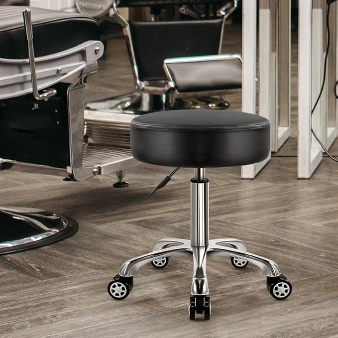 Heavy Duty Rolling Stool with Wheels, 360 Swivel, Adjustable Height, Black, Modern Style, Faux Leather Seat, Aluminum Alloy Base, Kitchen, Garage, Garden, Outdoor, Bar