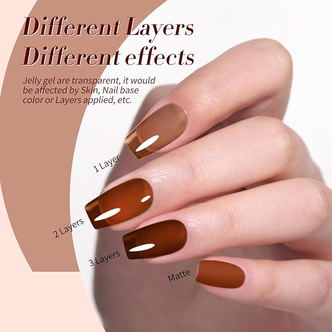 Born Pretty Fall Winter Jelly Gel Nail Polish Amber Crystal Transparent Brown Orange Red Blooming Marble Effects Gel Polish Nail Art Manicure DIY at Home and Salon 6PCS 7ML