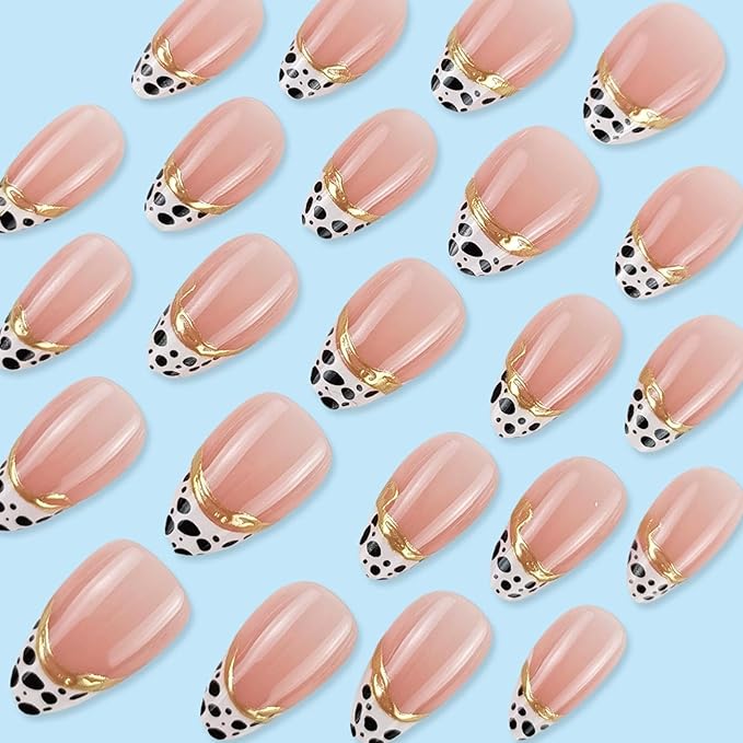 IMRAIN Press on Nails Almond Medium Fake Nails Leopard Print False Nails with Golden Edge Designs Glossy Gel Handmade Glue on Nails for Women Girls 24Pcs Full Cover Stick on Nails