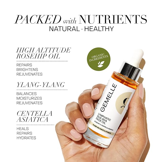 GEMELLE Lymphatic Gua Sha Face Oil | 10x Award Winner | Detox, Plump, Balance, Hydrate | High-Altitude Rosehip, Centella Asiatica & More! | Organic, Natural, Clean Beauty | Starter, Travel 15ml
