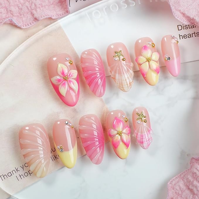 24Pcs Pink Flower Press on Nails Medium Almond French Tip Fake Nails 3D Hawaii Hibiscus Flower with Gold Shell Starfish Design Stick on Nails Summer Beach False Nails Glue on Nail for Women Acrylic