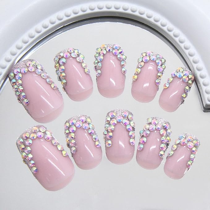 Pink Press on Nails Medium Square Fake Nails with Rhinestones Designs Glitter French Tip Nails Press ons Glossy Glue on Nails for Women 24Pcs