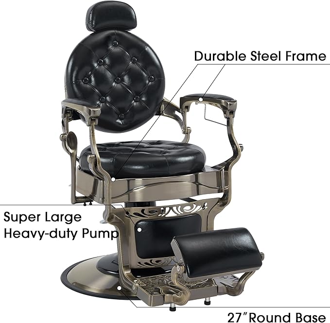 BarberPub Heavy Duty Metal Vintage Barber Chair All Purpose Hydraulic Recline Salon Beauty Spa Chair Styling Equipment 8914 (Black with Brushed Bronze Frame)