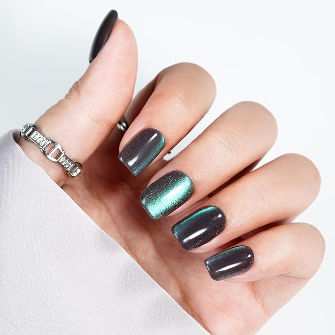 Press on Nails Cat Eye - Press On Nails Short Square for Gifts, Green Cat Eye Glue On Nails for Women Gifts, Stick On Nails in 16 Sizes - 32 PCS Soft Gel Fake Nails Kit, Chameleon