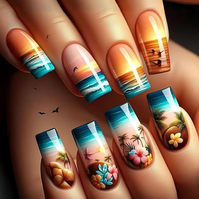 Press on Nails Medium Square Beach Coconut Tree False Nail Ocean Sunset Pattern Design Full Cover Glossy Acrylic Fake Nail French Gradient Stick on Nails 24Pcs DIY Press Ons Glue on Nails for Women