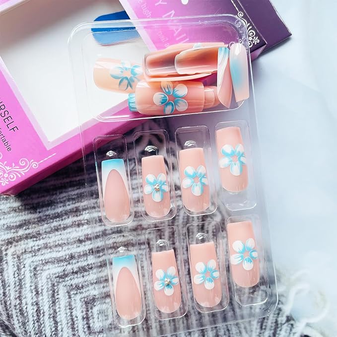 Coffin Press on Nails Medium Square Fake Nails with Cute Floral Design Full Cover Spring Stick on Nails Ripple French Tip False Nails Glossy Acrylic Nails for Women Girls Manicure Salon 24Pcs