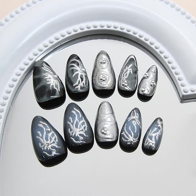 24Pcs Dark Press on Nails Medium Almond Fake Nails with 3D Y2k Irregular Silver Design Pearl Jewelry False Nails Glitter Full Cover Artificial Glue on Nails Gothic Stick on Nail for Women DIY Tips