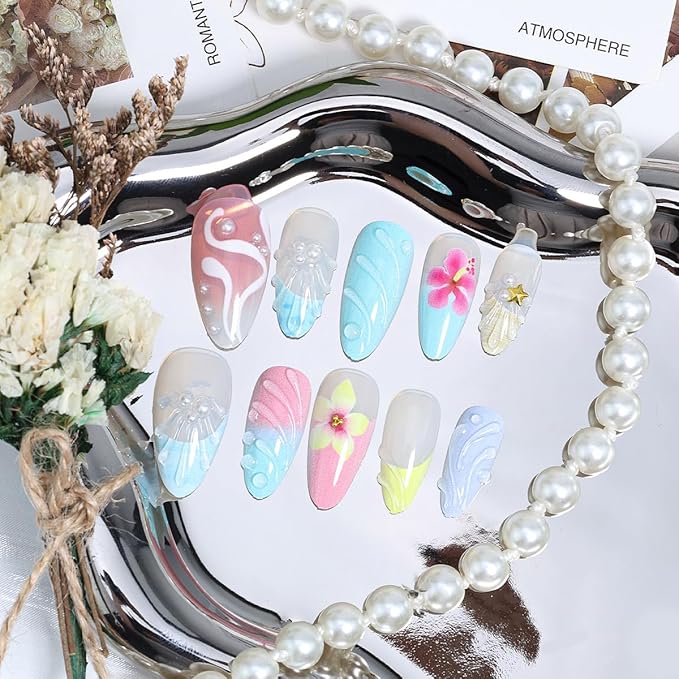 Leopard Print French Tip Press on Nails Medium Almond Flower Fake Nails Rhinestones Droplet Shaped Design Blue Pink Gradient Acrylic Nails Cute Glue on Nails Summer Salon Artificial False Nails 24Pcs