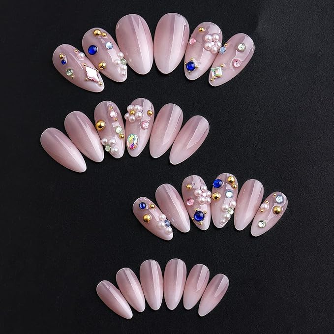 Long Almond Shape Press on Nails | Nude Pink Fake Nails with Pearls & Colorful Gems | Stick on Nail for Women 24pcs