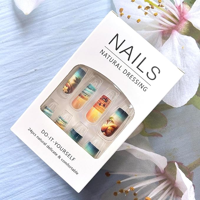 Press on Nails Medium Square Beach Coconut Tree False Nail Ocean Sunset Pattern Design Full Cover Glossy Acrylic Fake Nail French Gradient Stick on Nails 24Pcs DIY Press Ons Glue on Nails for Women