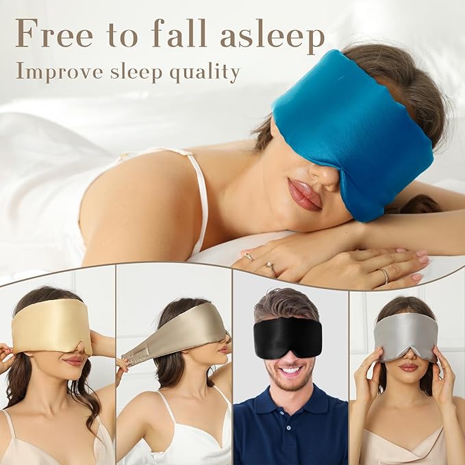 100% Mulberry Silk Sleep Mask Eye Mask for Women Man with Adjustable Band, for Side Sleeper Blackout Sleep Mask for Travel Rest and Office Large Size (Blue)