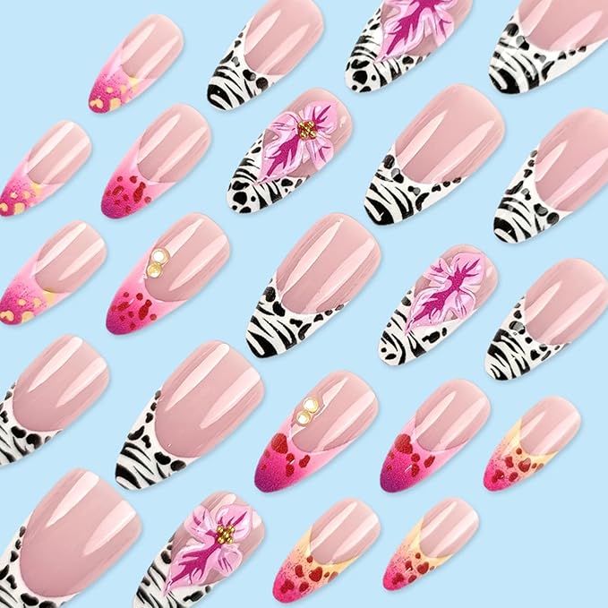 IMRAIN Medium Press on Nails Almond Fake Nails Zebra Stripes French Tip Acrylic False Nails with Pink Hawaii Flower Design Summer Glue on Nails Full Cover Artificial Nails for Women Manicure