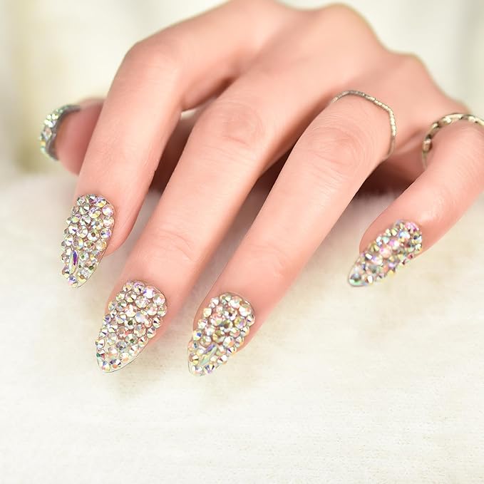 Handmade Nails 24pcs Full Cover 3D Rhinestones Press On Nails Almond Medium Length Nails Women Girls Gifts Salon Manicure Shiny Crystal Nail Art Tips Fake Nails Reusable Acrylic False Nails