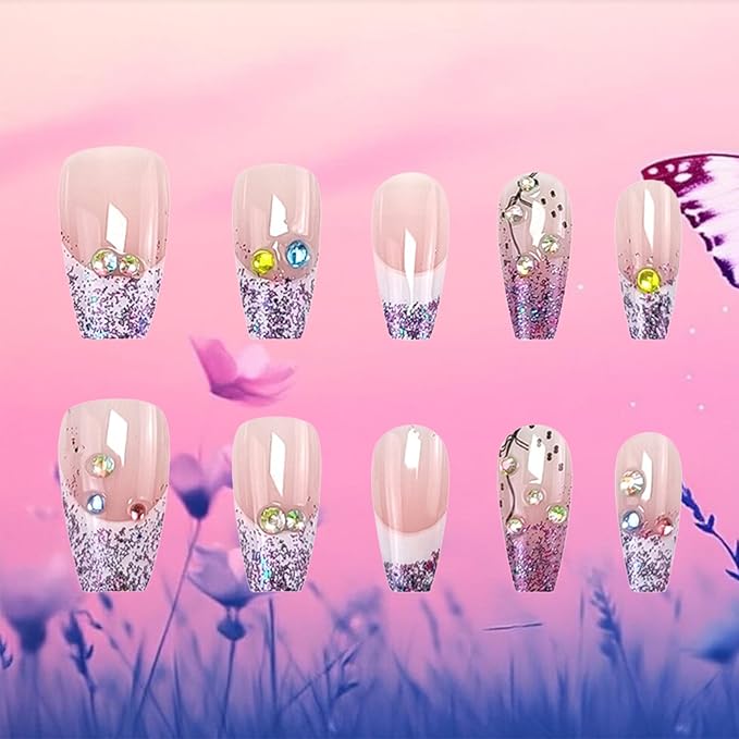 24Pcs French Tips Press on Nails Glossy Purple Glitter Medium Coffin False Nail Rhinestones Acrylic Full Cover Fake Nails Curve Gel Glue on Fingernails Sequin Stick on Nail for Holiday Manicure Art