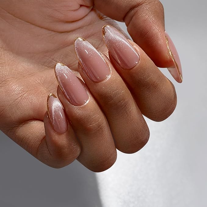 BTArtbox Press On Nails Almond - Knightshield, Cat Eye Press On Nails Medium Fake Nails with 3D Sculpting Metallic Design, Supremely Fit & Glossy Glue On Nails in 15 Sizes, 30 Stick On Nail Kit