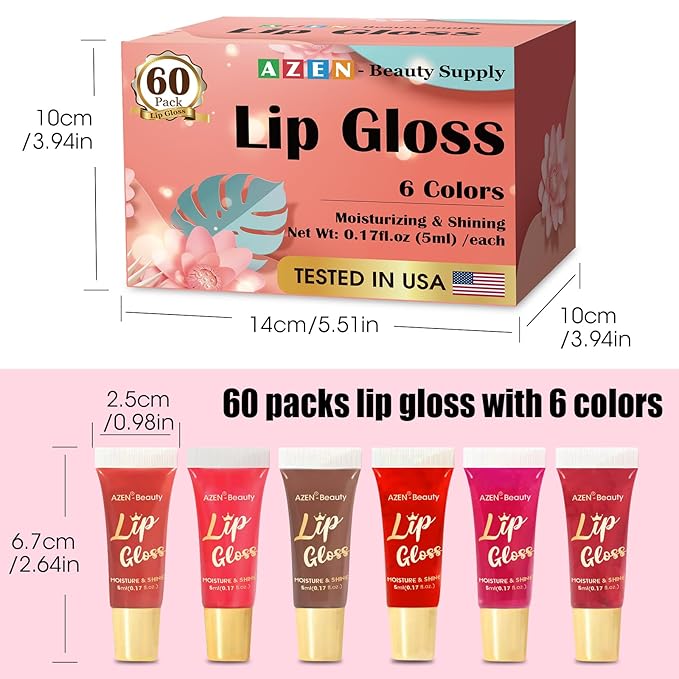 AZEN 60 Pack Lip Gloss Set, Color Lip Oil for Dry Cracked Lips Moisturizing Hydrating Nourishing with Vitamin E