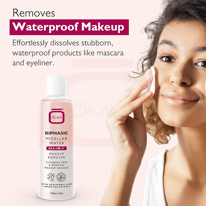 OMIC Biphasic Micellar Water - 4 oz / 118ml - All-in-1 Gentle Makeup Remover & Cleanser - Hydrating Facial Cleanser, Makeup Remover with Hyaluronic Acid and Green Tea Extract for All Skin Types