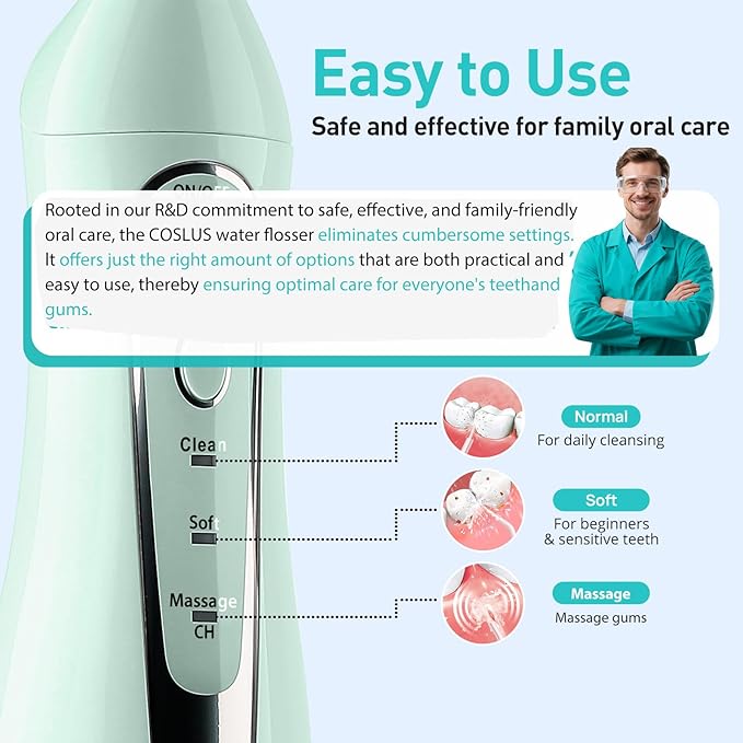 COSLUS Water Dental Flosser Teeth Pick: Portable Cordless Oral Irrigator 300ML Rechargeable Travel Irrigation Cleaner IPX7 Waterproof Electric Flossing Machine for Teeth Cleaning C20(F5020E) Green