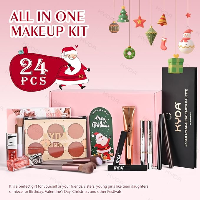 KYDA 24Pcs All In One Makeup Kit, Christmas Makeup Gift Full Kit Includ Eyeshadow,Freckle Pen,Lipstick,Lip Oil,Eyeliner,Contour, 13 Brushes, Professional Makeup Set for Women Beginners Teenager Girls