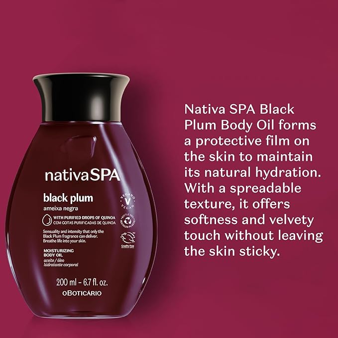 Nativa SPA by O Boticário, Black Plum Body Oil, Scented Moisturizer, Enriched with Purified Quinoa Drops to Boost Hydration, 6.8 Ounce