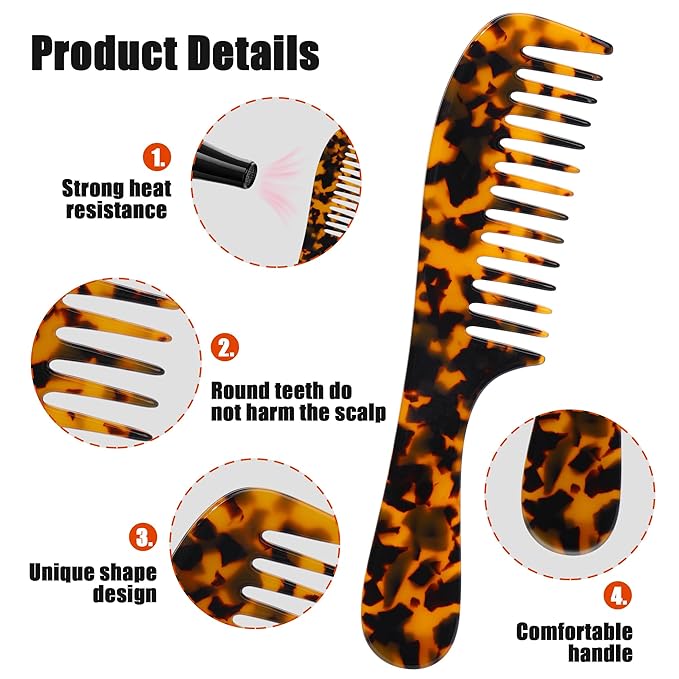 Fsmiling Wide Tooth Comb Large Detangling Comb Cellulose Detangler Comb for Women Thick Curly Wavy Wet Dry Hair 2 Pack,Tortoise shell