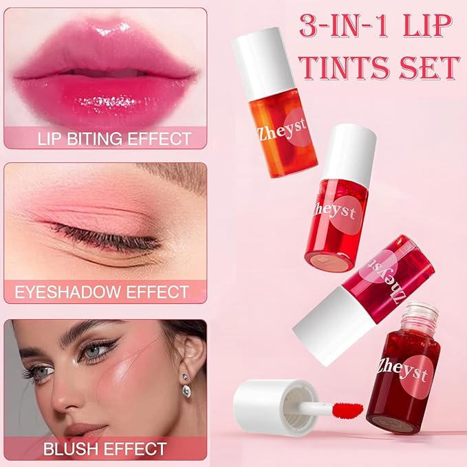 Lip Tint 4 Colors High Shine Non-Sticky Easy Apply Formula Waterproof Lip Stain With Vitamin E Moisturizing Long-Lasting Lip Gloss For Women Buildable Shine Mini Water Lipstick Fruit Extracts