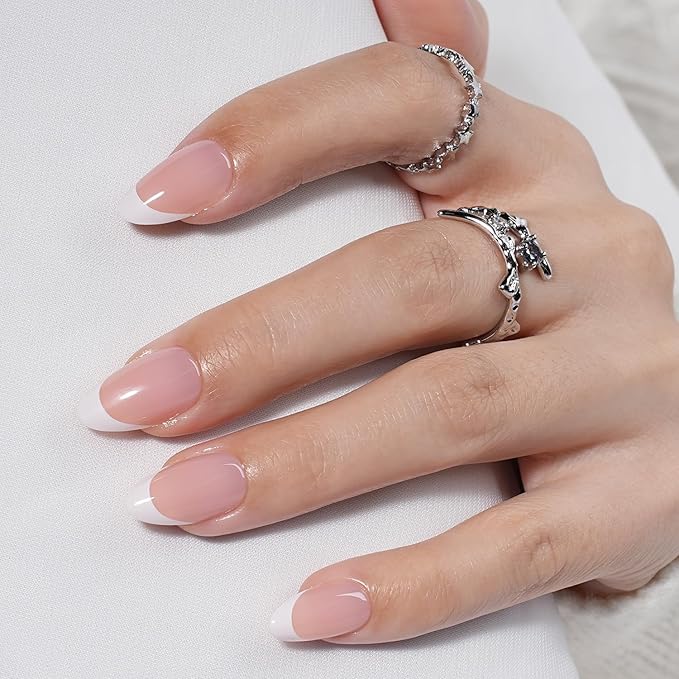 White French Tip Press On Nails - White Short Almond Fake Nails, French Tip Press On Nails Reusable Stick On Nails in 16 Sizes, 32pcs False Nail Kit for Women & Girls