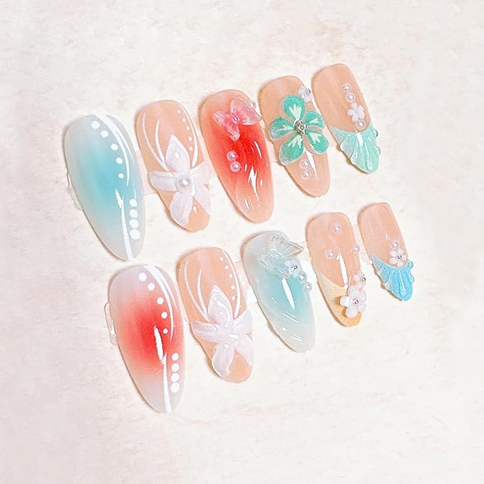 24Pcs Summer Press on Nails Medium Almond Fake Nails with Butterfly Pearl Designs 3D Starfish Stick on Nail Beach Waves False Nail Cute Flower Acrylic Nail Blue French Tip Glue on Nails for Women