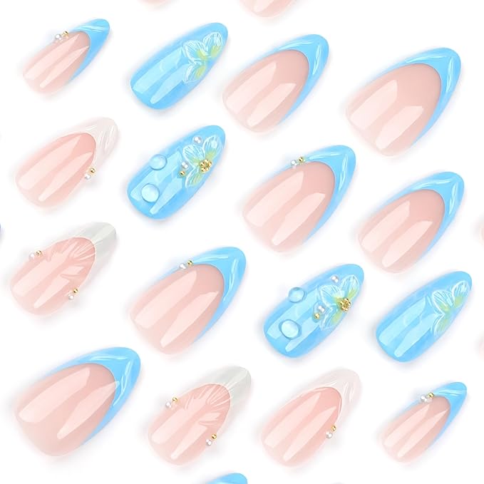 Summer Almond Medium Press on Nails with 3D Flower Shell Designs Nude Nails Press ons Glossy Glue on Nails Light Blue Acrylic Nails Full Cover Artificial Stick on Nails Reusable for Women 24Pcs