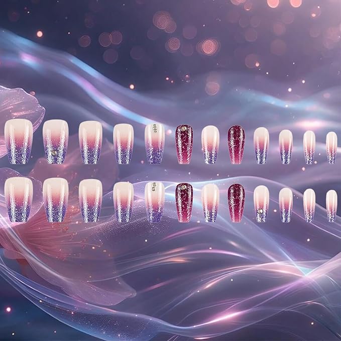24Pcs Purple Gradient Press on Nails Glossy Silver Glitter Medium Coffin False Nail Ombre Acrylic Full Cover Fake Nails Rhinestones Gel Glue on Fingernail French Stick on Nail for Holiday Manicure Art