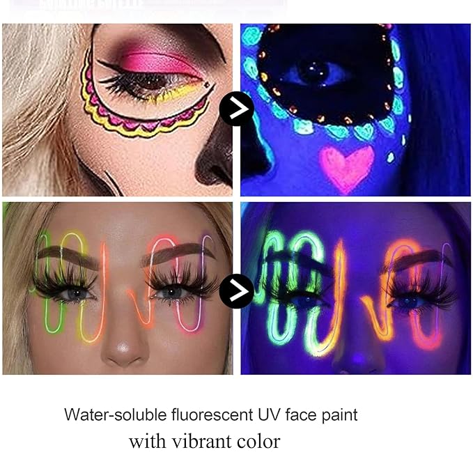 MEICOLY 8 Colors Water Activated Eyeliner Palette,Neon UV Colored Retro Hydra Liner,Smudge-proof Eyeliner Glow Fluorescent Halloween Green Black White Body Paint,03