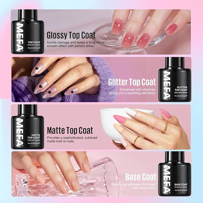 MEFA 60 Pcs Gel Nail Polish Kit with U V Light, 32 Colors Classic Popular Nail Kit Soak Off Nail Polish Gel Set with Base Matte/Glossy Top Coat Nail Art Decorations Manicure Tools DIY Gifts