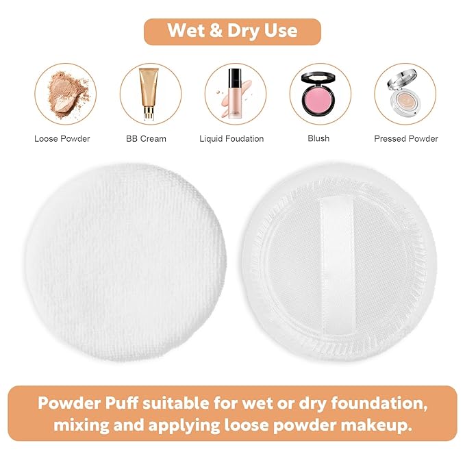 10Pcs 100% Cotton Round Dusting Powder Puff, White Round Velour Makeup Powder Puff, 2.4 Inch Soft Velour Foundation Puffs, Body Face Powders Puffs with Ribbon for Loose and Foundation