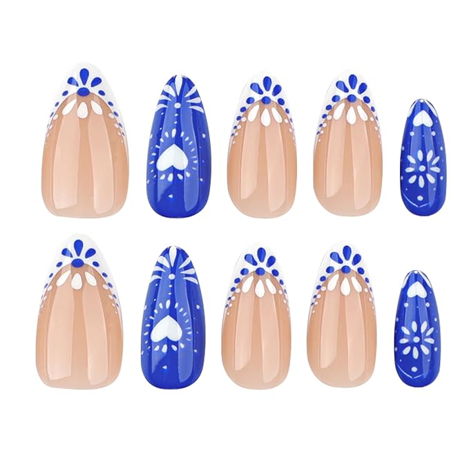 Blue French Tips Press On Nails Short Almond, Flower Heart Sticke On Nails, Designer Reusable Acrylic Nails Press Ons, Fake Nails With Glue On Nails, Daily Wea False Nails For Women