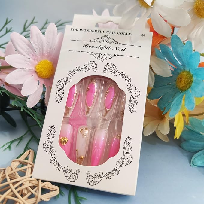 24Pcs Gold French Acrylic Full Cover Fake Nails 3D Curve Line Press on Nails Love Heart Gel Glue on Fingernails Glossy Pink Gradient Long Almond False Nail Shell Stick on Nail for Holiday Manicure Art