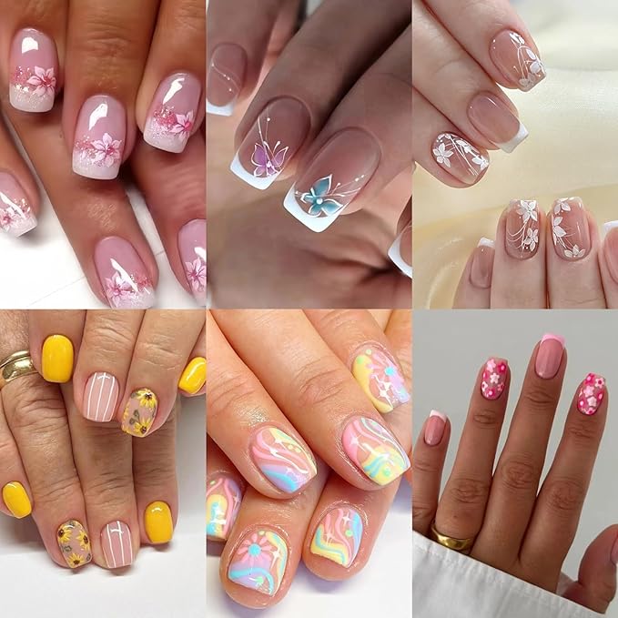 6 Packs (144 Pcs) Press on Nails Square, Flower Press on Nails Short, French Tip Press on Nails Medium, Flower False Nails, Glue on Nails, Gel Fake Nails for Women, Stick on Nails 12 Sizes-6 Styles