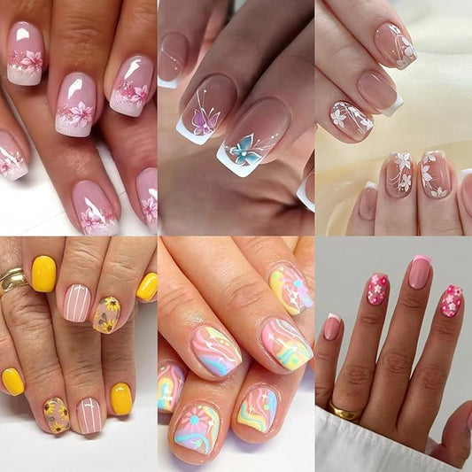 6 Packs (144 Pcs) Press on Nails Square, Flower Press on Nails Short, French Tip Press on Nails Medium, Flower False Nails, Glue on Nails, Gel Fake Nails for Women, Stick on Nails 12 Sizes-6 Styles