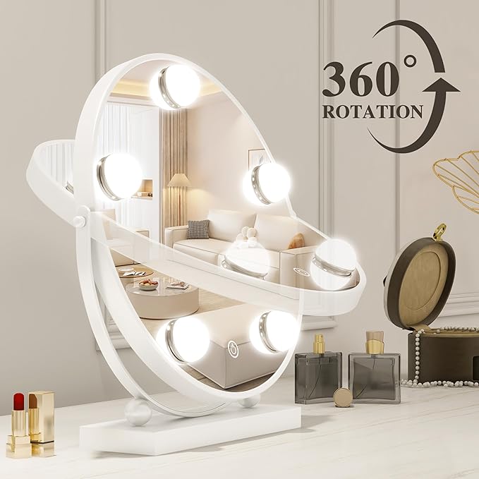 13 Inch Hollywood Vanity Mirror with Lights, Round Make Up Mirror with Lighting, LED Makeup Mirror with 5 Dimmable Bulbs for Bedroom Tabletop, Smart Touch Control, 360° Rotation