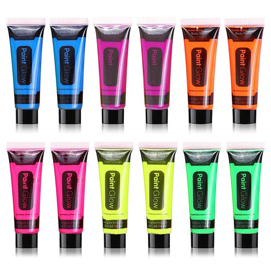 12 Pcs Glow in the Dark Face Body Paint,Blacklight Neon Face & Body Paints,Easily Cleanable Paint Set Neon Makeup Glow in the Dark Party Supplies