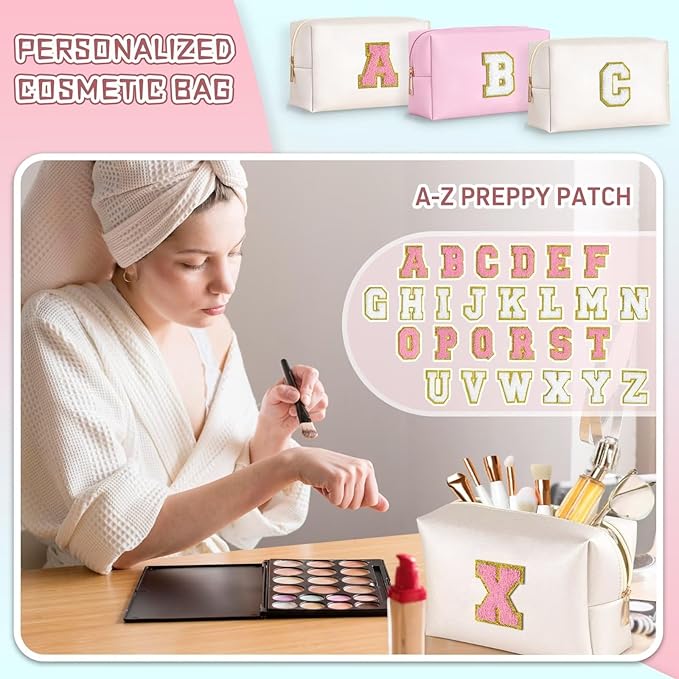 TOPEAST Personalized Makeup Bags for Women, Chenille Letter Pouch Cosmetic Bag with Zipper, Travel Toiletry Bag, Monogrammed Birthday Gift for Friends, Cute Stuff for Girls (Pearly White U)