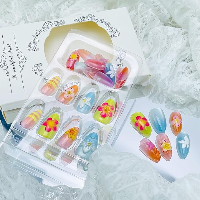 30 Pcs Handmade Press on Nails Short Almond French Tip Fake Nails with Pearl Design 3D Flower Stick on Nails Yellow Blue Glossy Oval Acrylic False Nails Full Cover Summer Glue on Nails for Women Girls