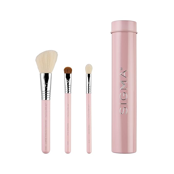 Sigma Beauty Travel Essential Trio - Makeup Brush Set for Foundation Powder Eyeshadow - 3 Tool Brushes with Brush Tin Holder - - Skin Safe, Vegan Makeup Brushes for Travel - Light Pink