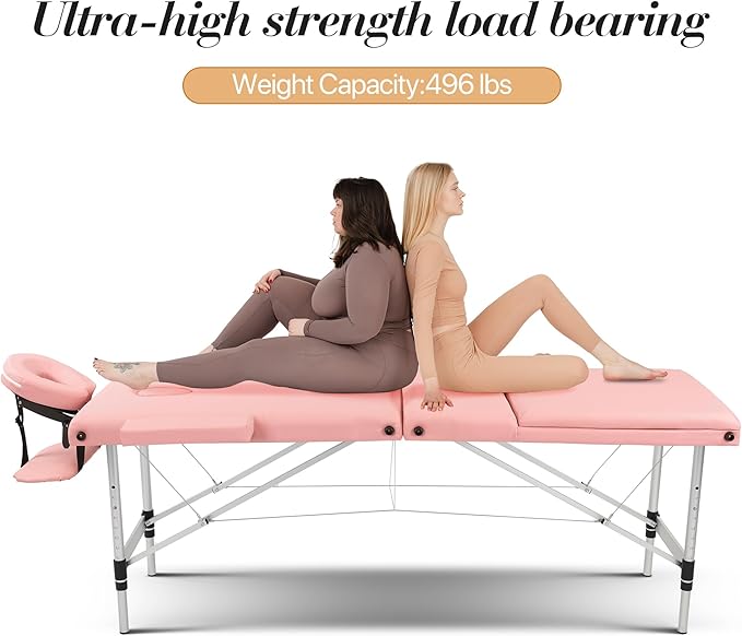 Massage Table Massage Bed, Portable 3 Section Foldable Tattoo Bed, Height Adjustable Lash Spa Bed with Face Cradle, Home Light Weight Facial Salon Bed with Aluminum Frame, Light Pink