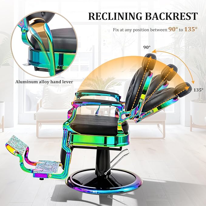 OmySalon Retro Barber Chair Heavy Duty, Aluminum Alloy Frame, Adjustable Headrest, Extra Wide Footrest, Hydraulic Salon Chair for Hair Stylist Reclining All Purpose for Beauty Spa Shampoo Styling