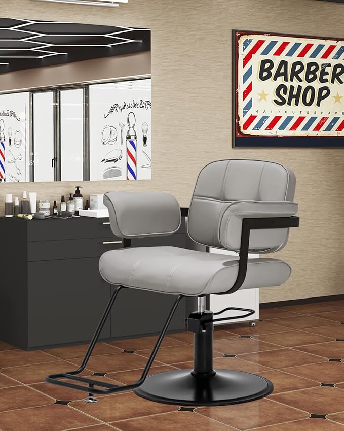 Barber Salon Chair, Extra Wide Hair Styling Chair with Heavy Duty Hydraulic Pump, 360° Swivel Height Adjustable Braiding Design, Luxury Beauty Salon and Barbershop Equipment, Grey